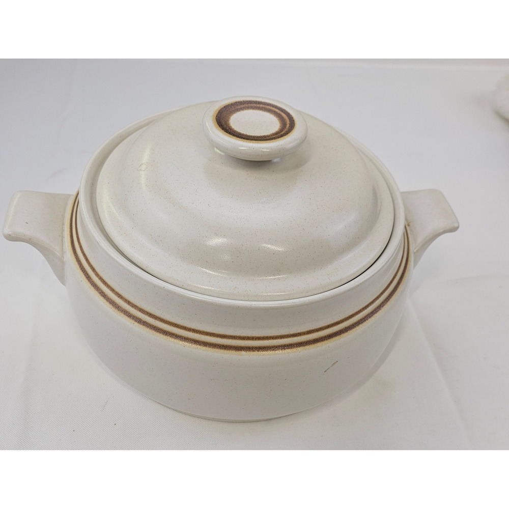Woodberry Collection Stoneware Casserole Dish with Lid Cream Brown Striped Japan